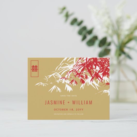 Red Gold Zen Bamboo Chinesische Hochzeit retten da Ankündigungspostkarte (Stehend Vorderseite)