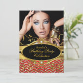 Red & gold Zickzack Diamond Foto Geburtstag Einladung (Stehend Vorderseite)