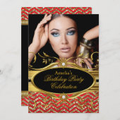 Red & gold Zickzack Diamond Foto Geburtstag Einladung (Vorne/Hinten)