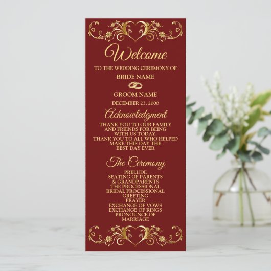Red Golden Geometric Elegant Wedding Programm (Stehend Vorderseite)