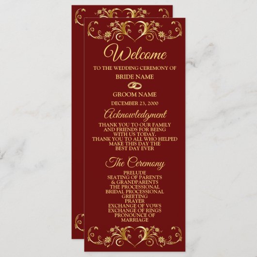 Red Golden Geometric Elegant Wedding Programm (Vorne/Hinten)