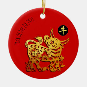 Red Golden Ox Papercut Chinesisches Neujahr 2021 C Keramik Ornament