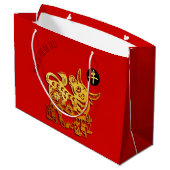 Red Golden Ox Papercut Chinesisches Neujahr 2021 L Große Geschenktüte (Rückseite Schrägansicht)