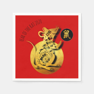 Red Golden Rat Papercut Chinesisches Neujahr 2020 Serviette