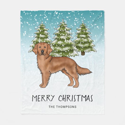 Red Golden Retriever Dog Blue Snowy Weihnachten Fleecedecke (Vorderseite)