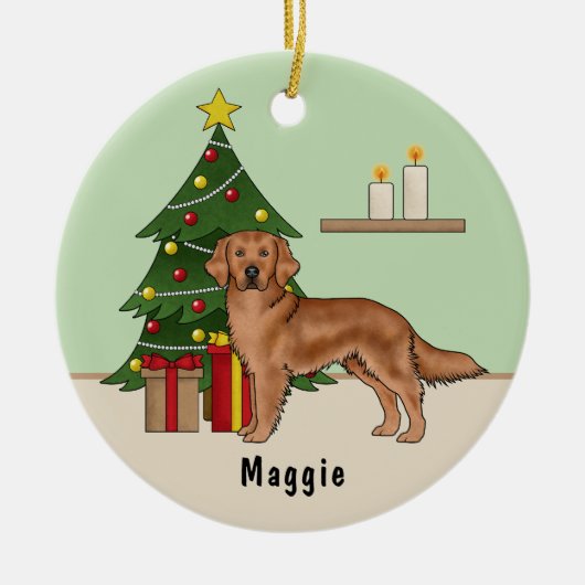 Red Golden Retriever Hund mit Weihnachtsbaum grün Keramik Ornament (Vorne)