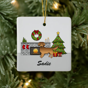 Red Golden Retriever im Weihnachtsraum und Name Keramikornament