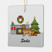 Red Golden Retriever im Weihnachtsraum und Name Keramikornament (Links)