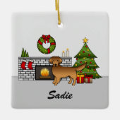 Red Golden Retriever im Weihnachtsraum und Name Keramikornament (Vorderseite)