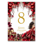 Red Golden Tiara Floral Quinceañera  Tischnummer (Vorderseite)