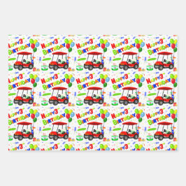 Red Golf Cart Boy's Pattern 3. Geburtstag Geschenkpapier Set