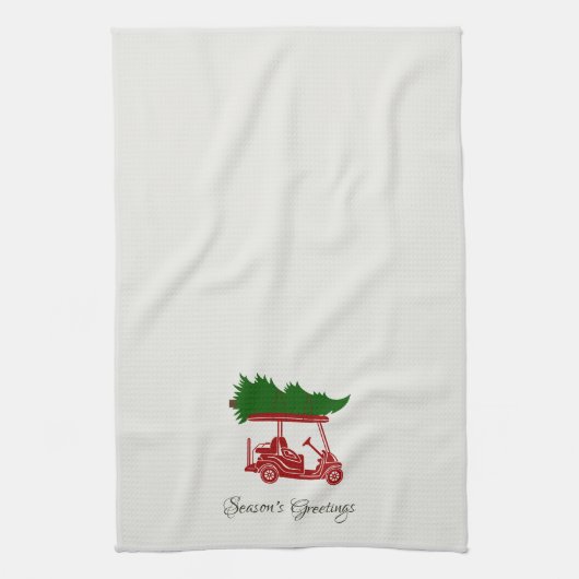 Red Golf Cart mit Weihnachtsbaum | Alabaster Geschirrtuch (Vertikal)