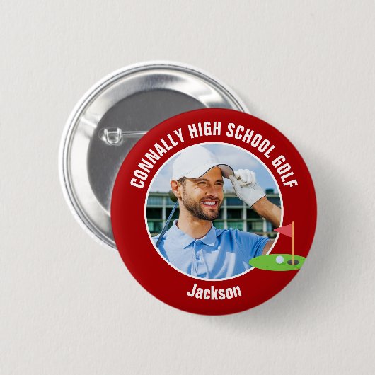 Red Golfer Photo High School Golf Team Button (Vorne & Hinten)