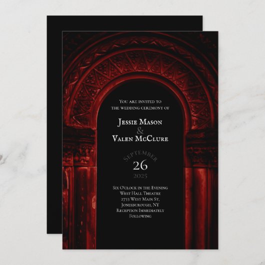 Red Gothic Arch Elegante Hochzeit Dunkler Schwarz Einladung (Vorne/Hinten)