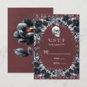 Red Gothic Black Floral Skull Wedding RSVP Karte (Vorne/Hinten)