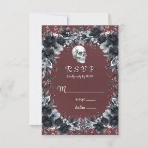 Red Gothic Black Floral Skull Wedding RSVP Karte