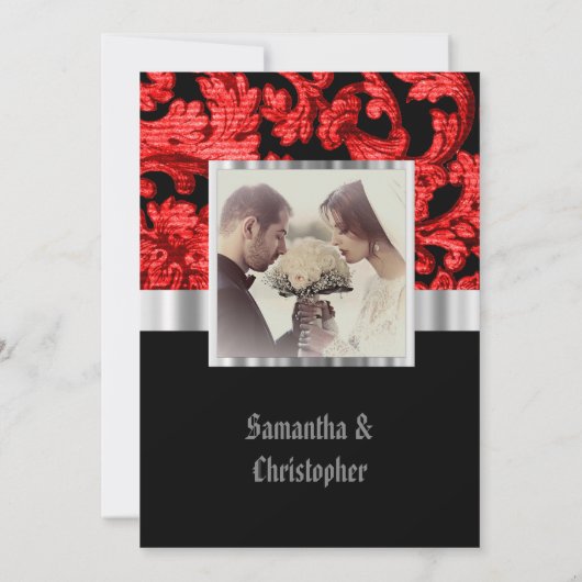 Red Gothic damask wedding foto Einladung (Rückseite)