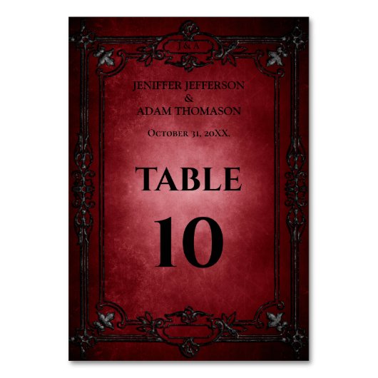Red Gothic Halloween Alternative Wedding Tischnummer (Vorderseite)