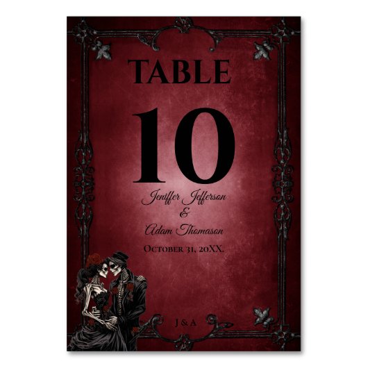 Red Gothic Halloween Alternative Wedding Tischnummer (Vorderseite)
