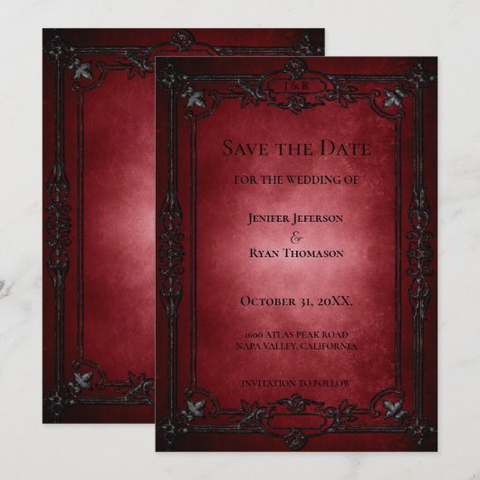 Red Gothic Halloween wedding save the date Ankündigung (Vorne/Hinten)