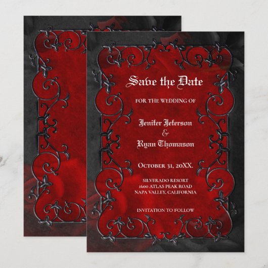 Red Gothic halloween wedding save the date Ankündigung (Vorne/Hinten)