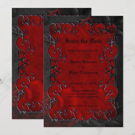 Red Gothic halloween wedding save the date Ankündigung (Vorne/Hinten)