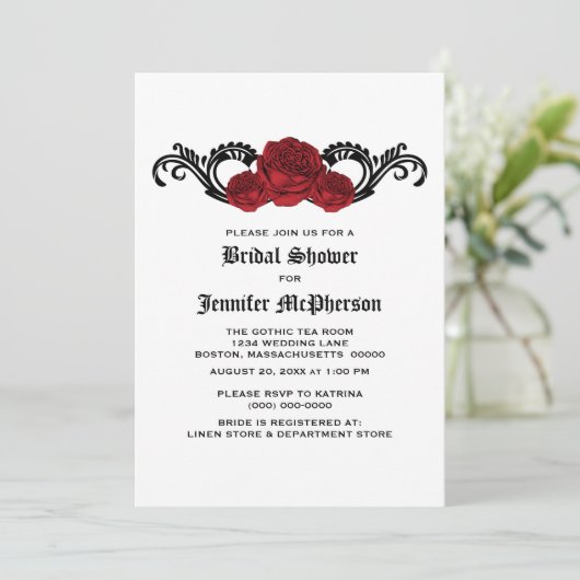 Red Gothic Swirl Rose Brautparty laden Einladung (Stehend Vorderseite)