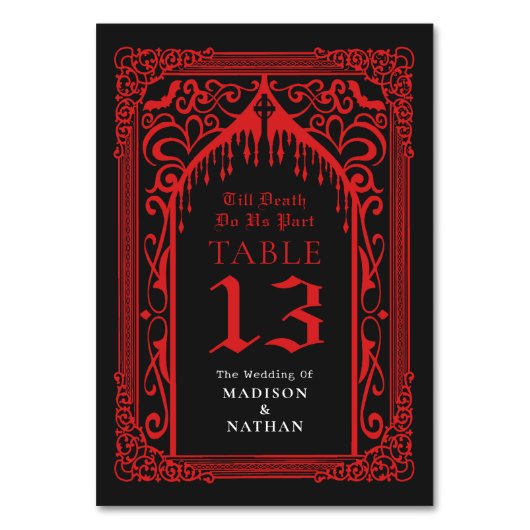Red Gothic Vampire Cathedral Wedding Tischnummer (Vorderseite)