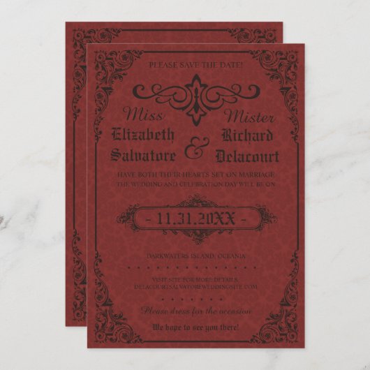Red Gothic Viktorianisch Damask Speichern Sie die Save The Date (Vorne/Hinten)