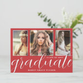 Red Graduate Script 3-Foto Abschluss Ankündigung (Stehend Vorderseite)