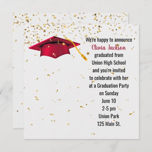 Red Graduation Cap mit Gold Confetti Einladung (Vorne/Hinten)