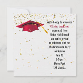 Red Graduation Cap mit Gold Confetti Einladung