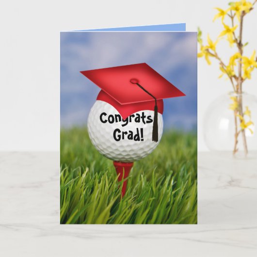 Red Graduation Cap on Golf Ball Karte (Gelbe Blume)