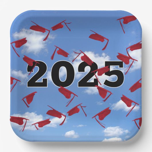 Red Graduation Caps 2025 in Sky Pappteller (Vorderseite)
