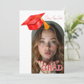 Red Graduation Hat Accent Dual‑Photo QR Code Einladung (Stehend Vorderseite)