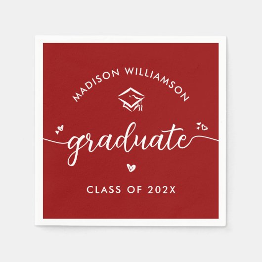 Red Graduation Script Hearts Cap Icon Bold Modern Serviette (Vorderseite)