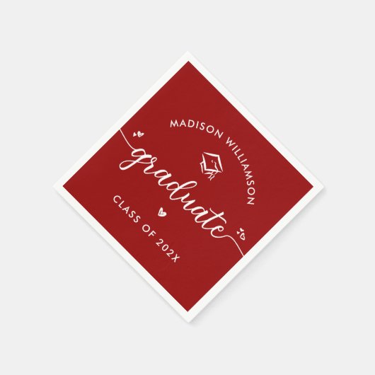 Red Graduation Script Hearts Cap Icon Bold Modern Serviette (Ecke)