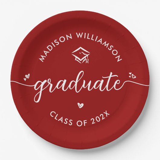 Red Graduation Script Hearts Cap Icon Modern Bold Pappteller (Vorderseite)