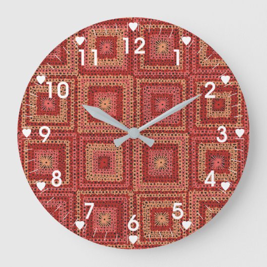 Red Granny Square Pattern Große Wanduhr (Vorderseite)