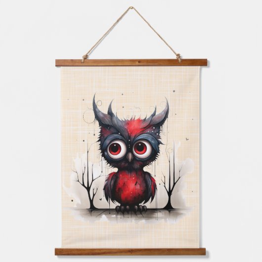 Red Grau und Black Abstrakt Devil Bird Wandteppich Mit Holzrahmen (Vorderseite)