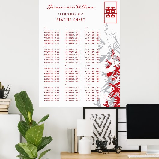 Red & Gray Bamboo Blätter Asiatische Hochzeitsskal Poster (Heimbüro)