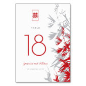 Red & Gray Bamboo Blätter Doppelglückliche Hochzei Tischnummer (Vorderseite)