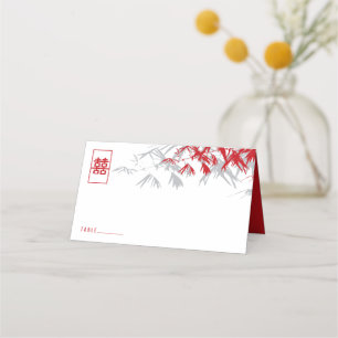 Red & Gray Bamboo Blätter Double Xi Chinese Weddin Platzkarte