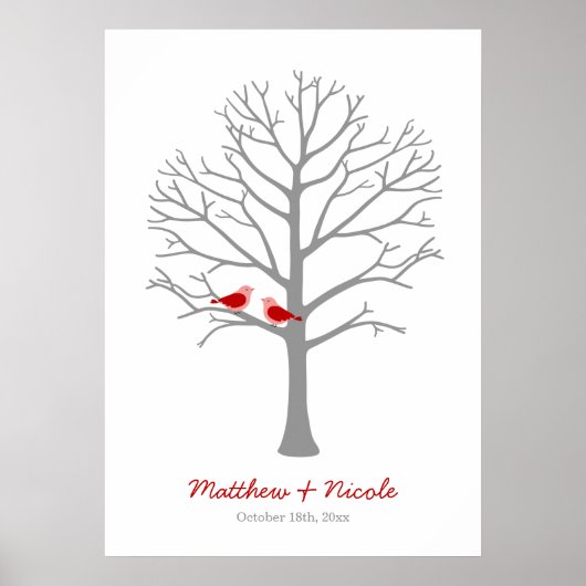 Red Gray Birds Fingerprint Tree Wedding Poster (Vorne)