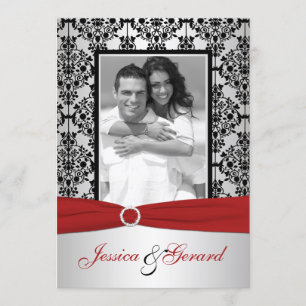 Red, Gray & Black Damask Foto Hochzeitsempfang Einladung
