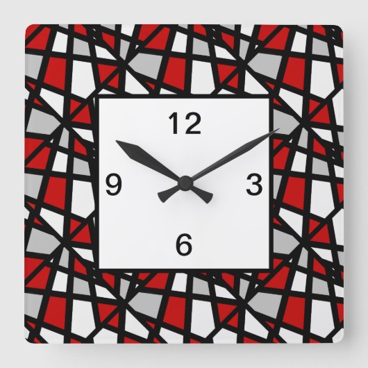 Red Gray Black Geometric Pattern Quadratische Wanduhr (Vorderseite)