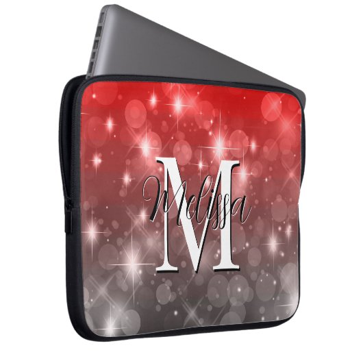 Red & Gray Bokeh Modern Monogram Sparkle Laptopschutzhülle (Vorne Rechts)