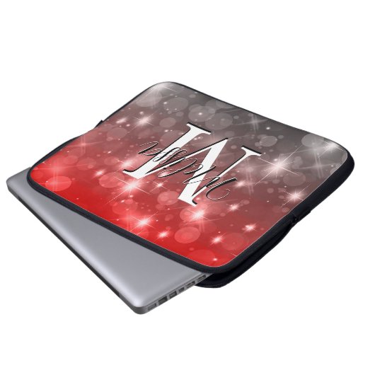 Red & Gray Bokeh Modern Monogram Sparkle Laptopschutzhülle (Vorne Knopf)