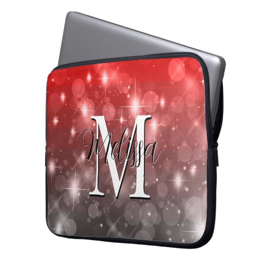 Red & Gray Bokeh Modern Monogram Sparkle Laptopschutzhülle (Vorderseite Links)