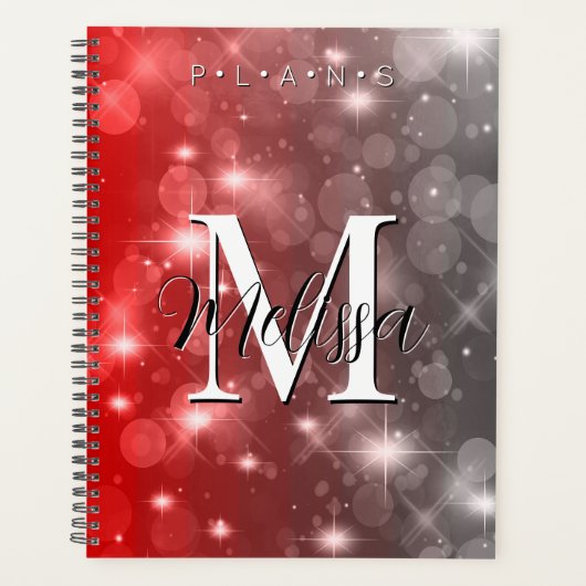 Red & Gray Bokeh Modern Monogram Sparkle Planner Planer (Vorderseite)